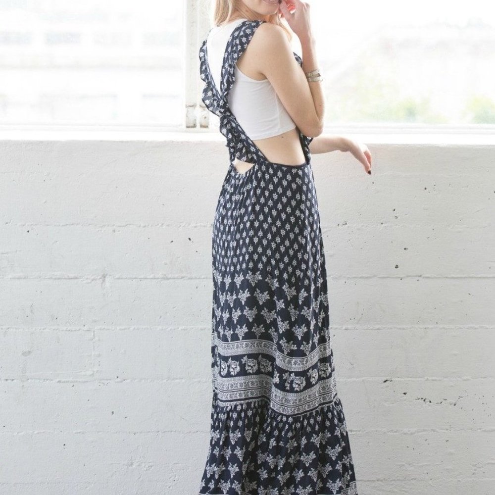 Navy Blue Floral Boho Pinafore Maxi Dress - Picture 3 of 5
